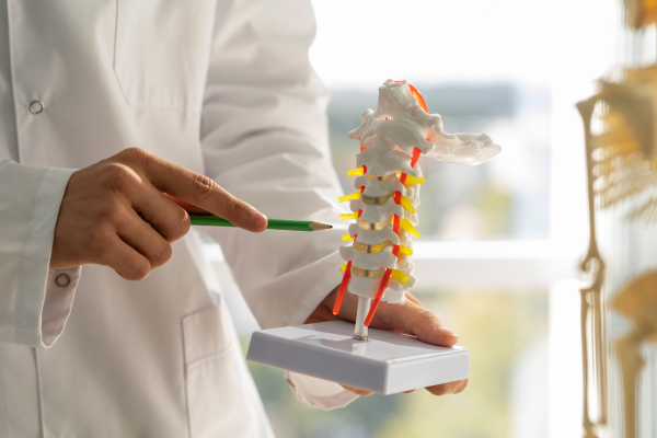 A doctor explains with a human spine model.