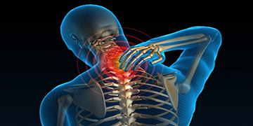 A 3D illustration of the cervical spine and neck pain is highlighted in red.